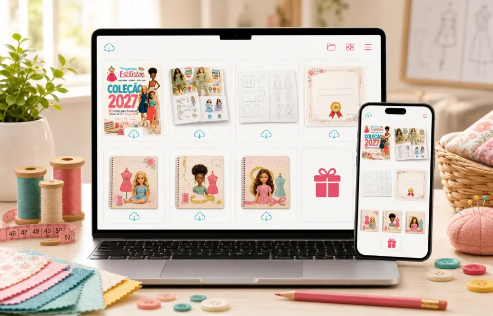 Mockup de acesso digital ao Pequenas Estilistas em notebook e celular