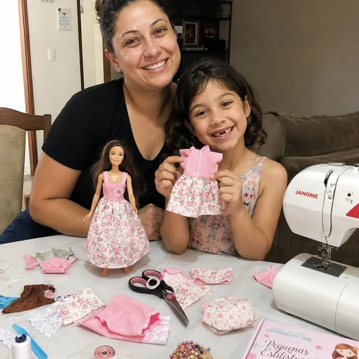 Mãe e filha segurando roupinhas de boneca após costurar